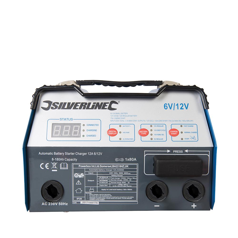 Silverline Automatic Battery Starter Charger 12A 6/12V 8-180Ah Capacity
