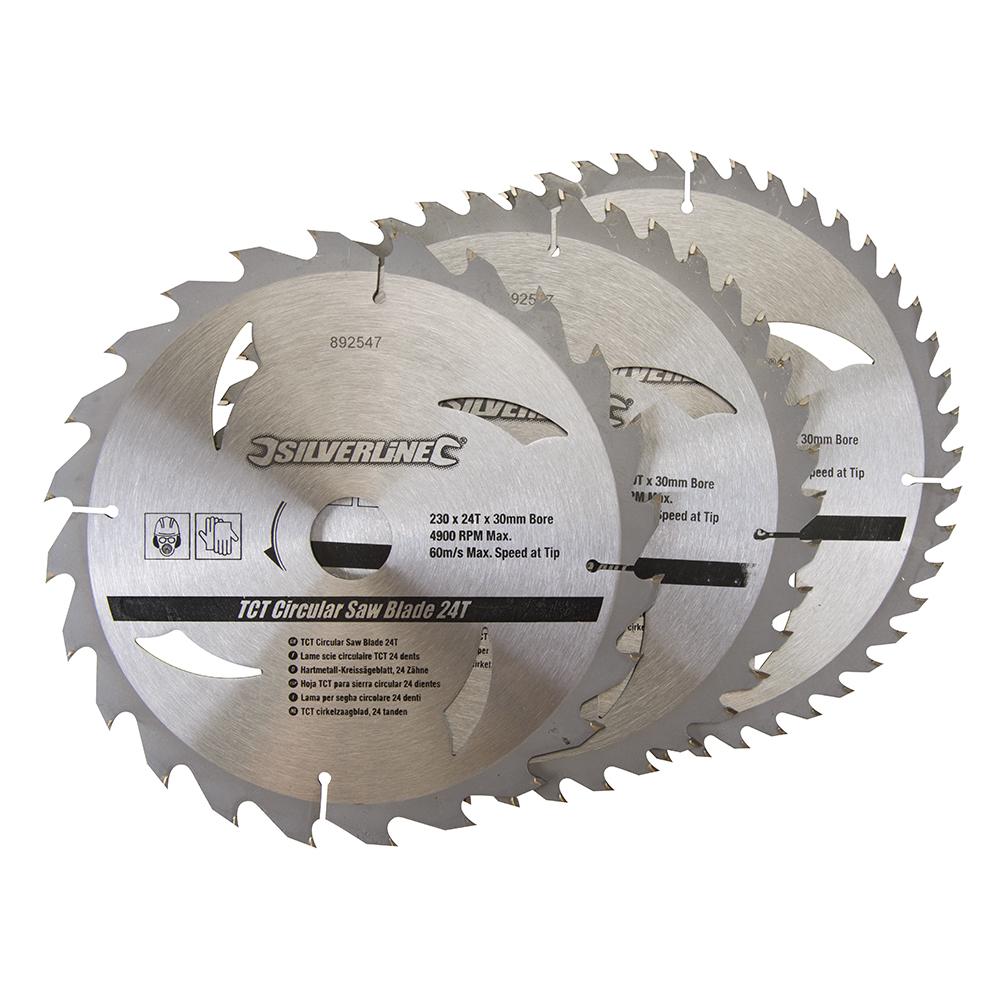 Silverline TCT Circular Saw Blades 24, 40, 48T 3pk 230 x 30 - 25, 20, 16mm Rings